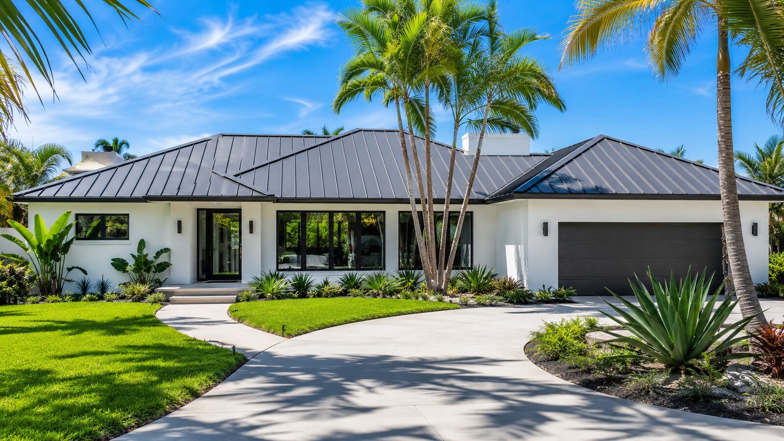 Standing seam metal roof on a Miami home under a blue sky